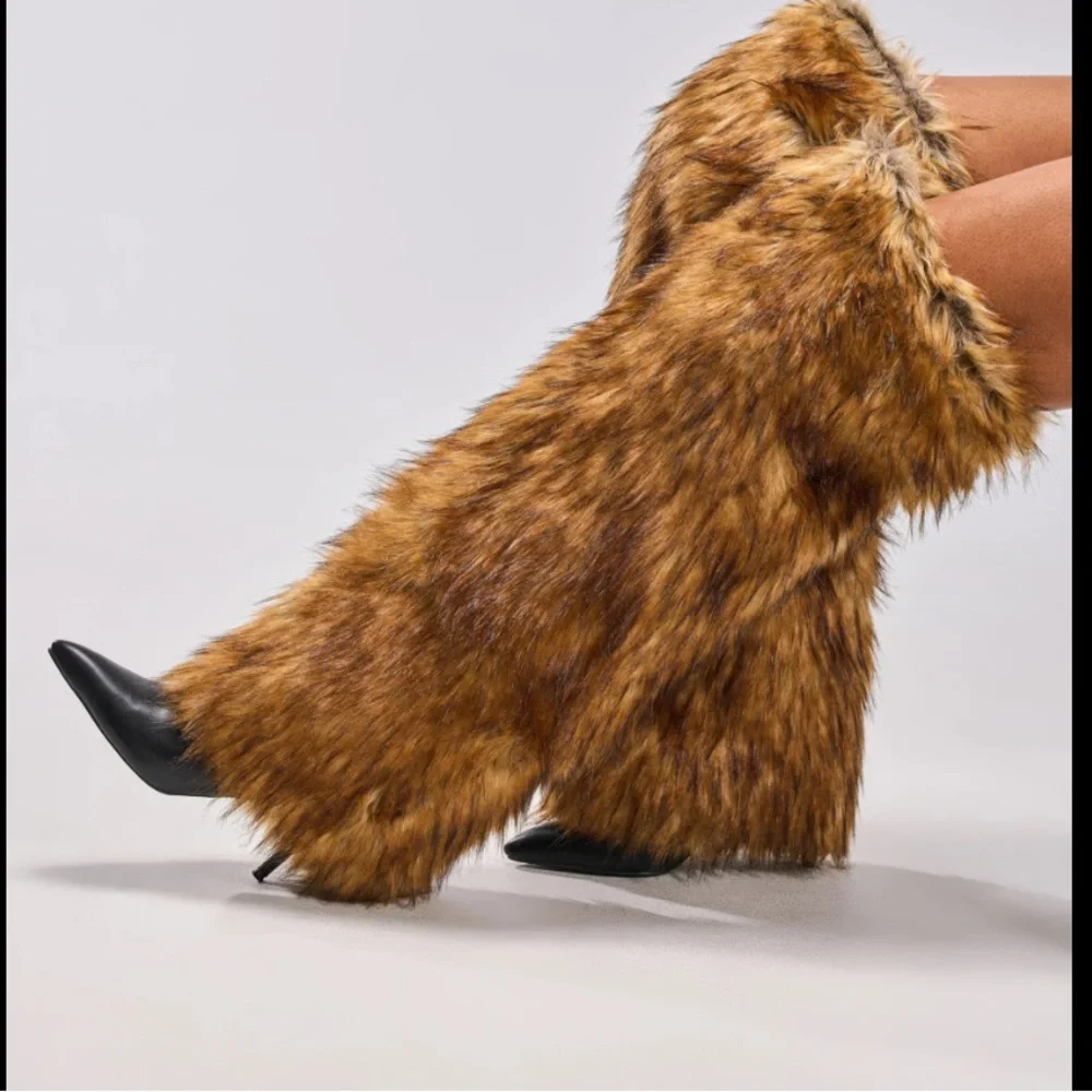 AKIRA Tall Faux Fur Over-the-Knee Boots in Brown with Black Toe - Picture 2 of 3